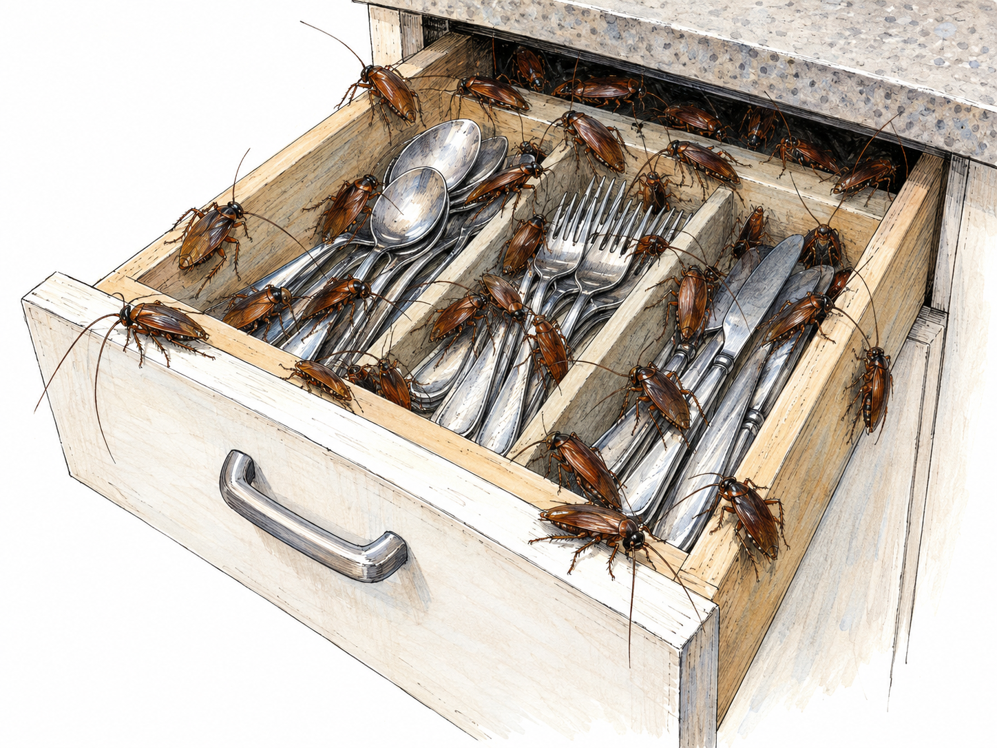 A close view of an open kitchen drawer overrun with cockroaches: many crawl among clean cutlery, across the drawer edges, and out of a dark rear crevice.