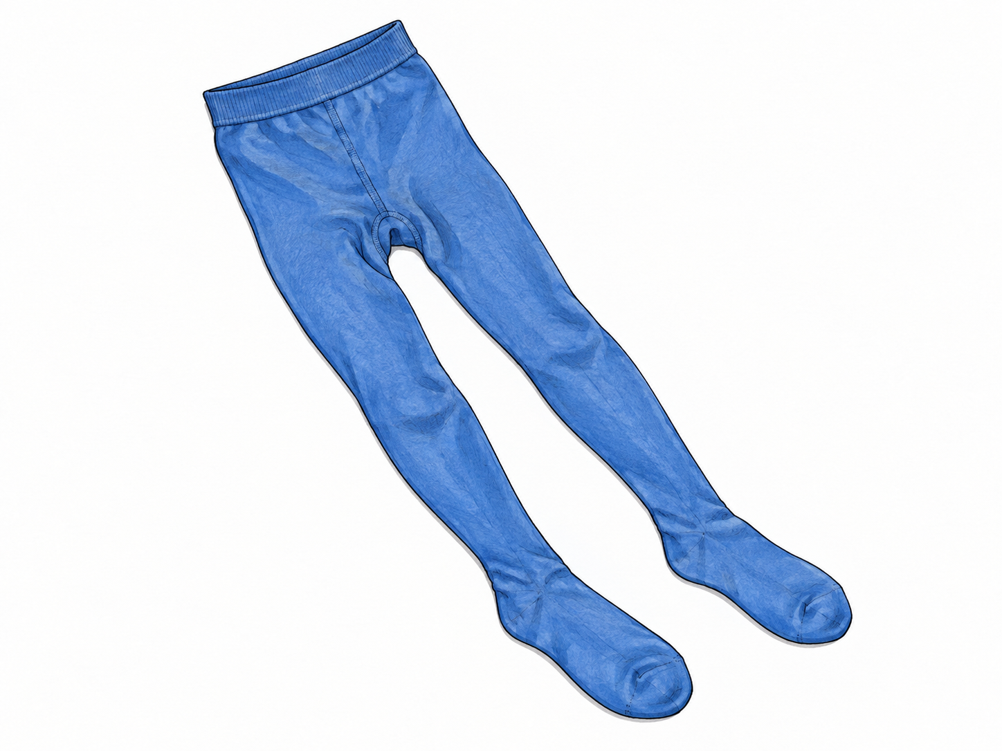 Plain opaque blue tights laid flat on white paper, entire waistband, two long close-fitting legs and enclosed feet visible, no person, no writing.