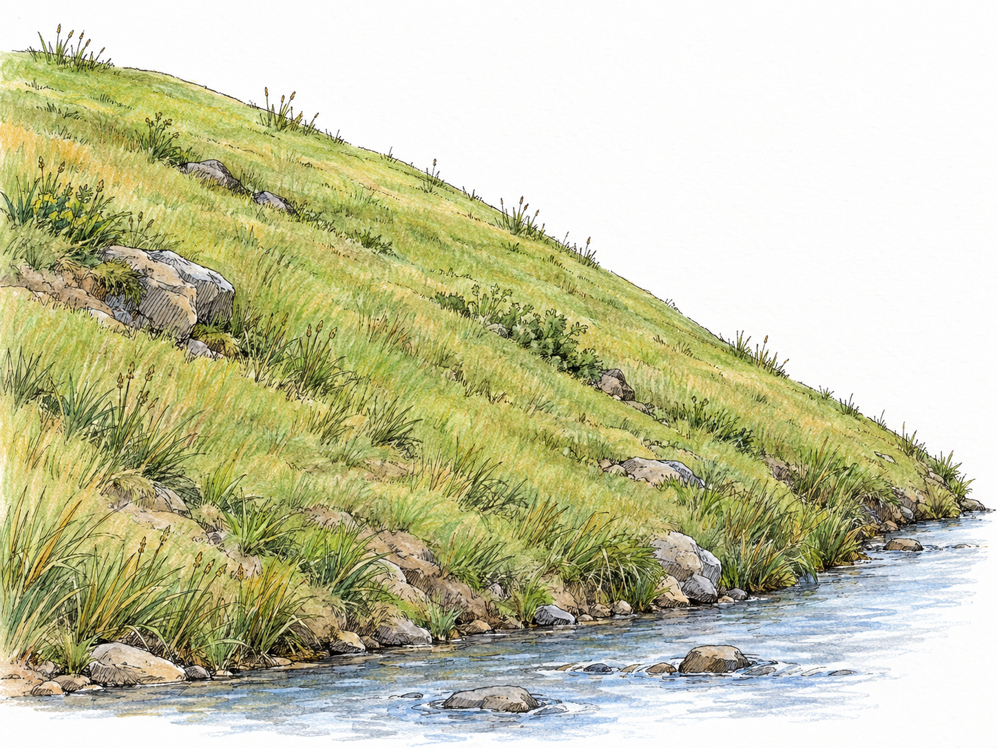 A simple grassy hillside descending to a narrow stream, with its sloping profile clearly visible.