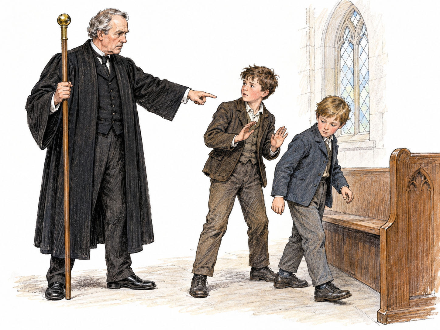 A nineteenth-century English parish beadle, distinguished by a plain official gown and ceremonial staff, quietly stops two boys scuffling in the church aisle and directs them back into a pew.