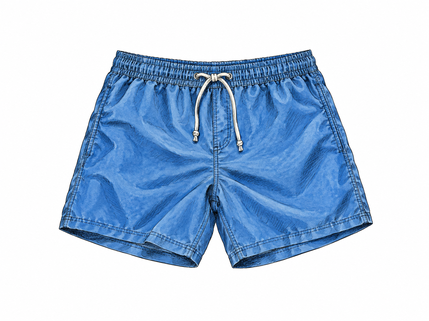 A pair of plain blue swimming trunks laid flat, short legs, elastic waistband and drawstring; garment only, no logos.