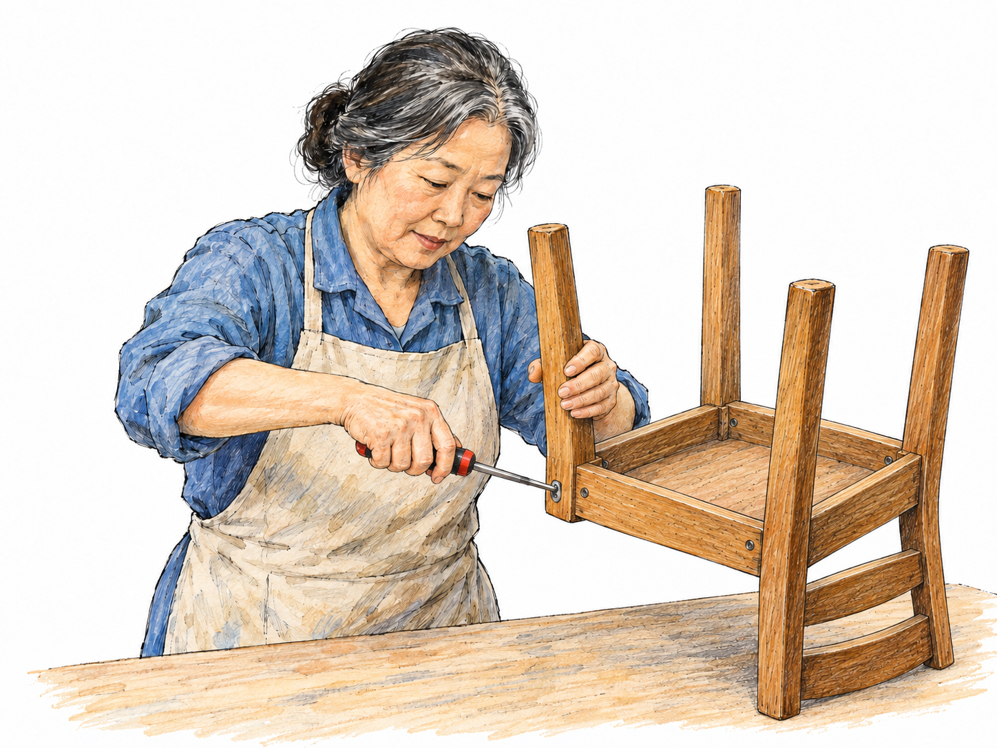 An older East Asian woman repairs a loose wooden chair leg at a small workbench, illustrating a concrete job to be done.