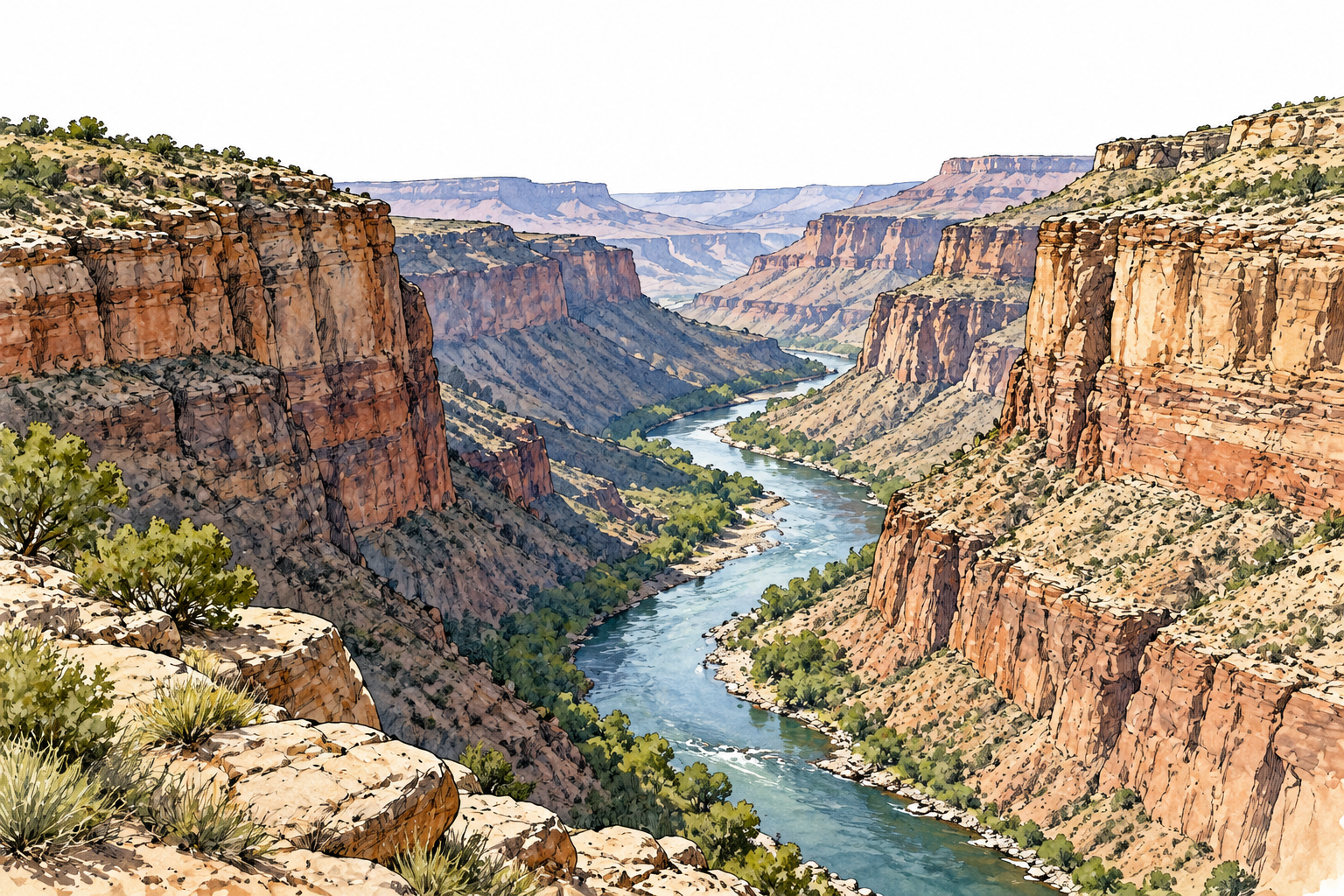 A dramatic deep rocky canyon with steep layered sides and river at bottom, geological landscape only.