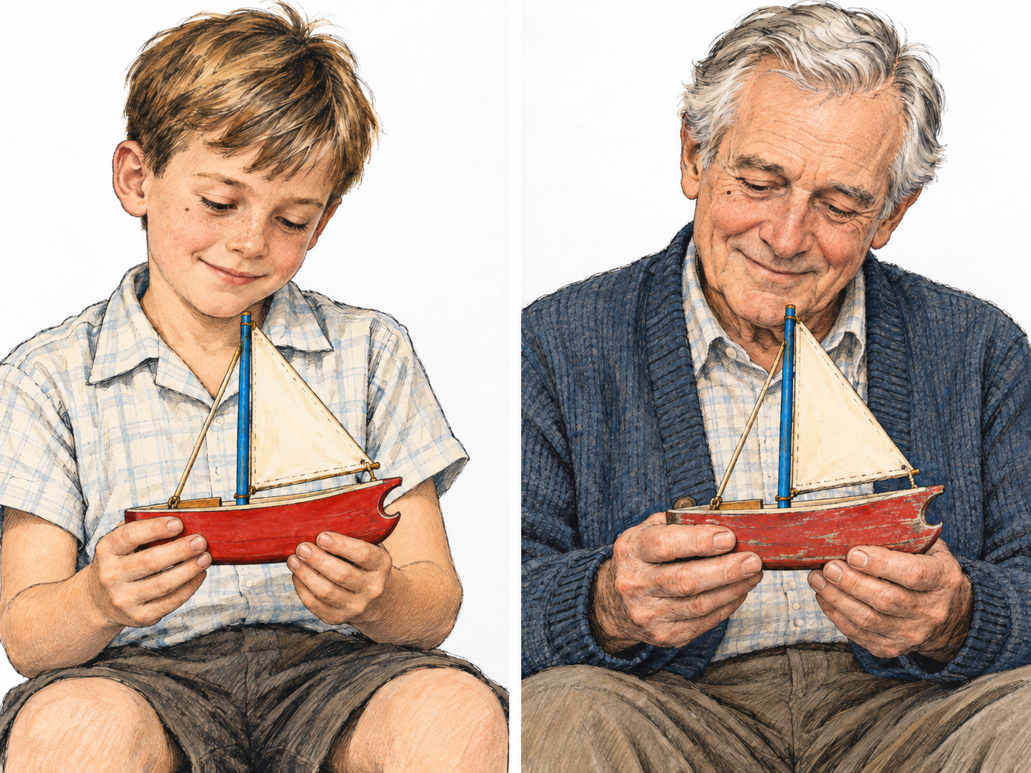 A text-free two-panel sequence shows the same person as a boy and as an older man holding the same distinctive toy boat, making continued possession across a lifetime visible.