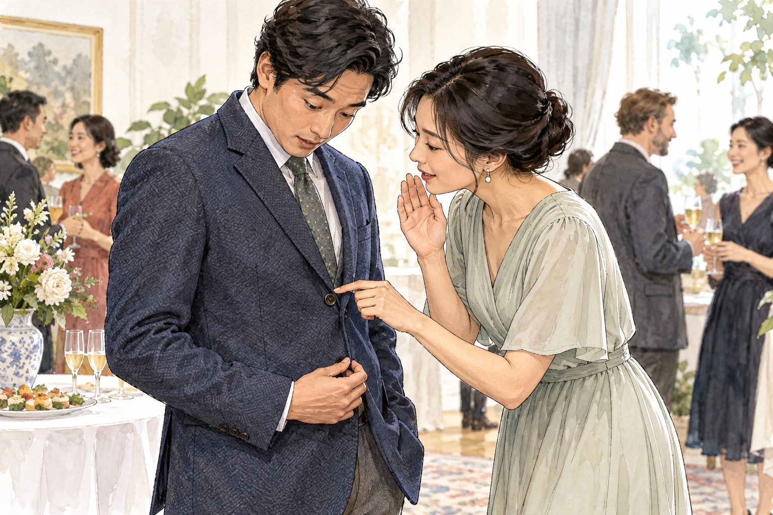 A tactful host quietly points out a guest's loose coat button away from other guests, discreet helpful whisper and privacy.