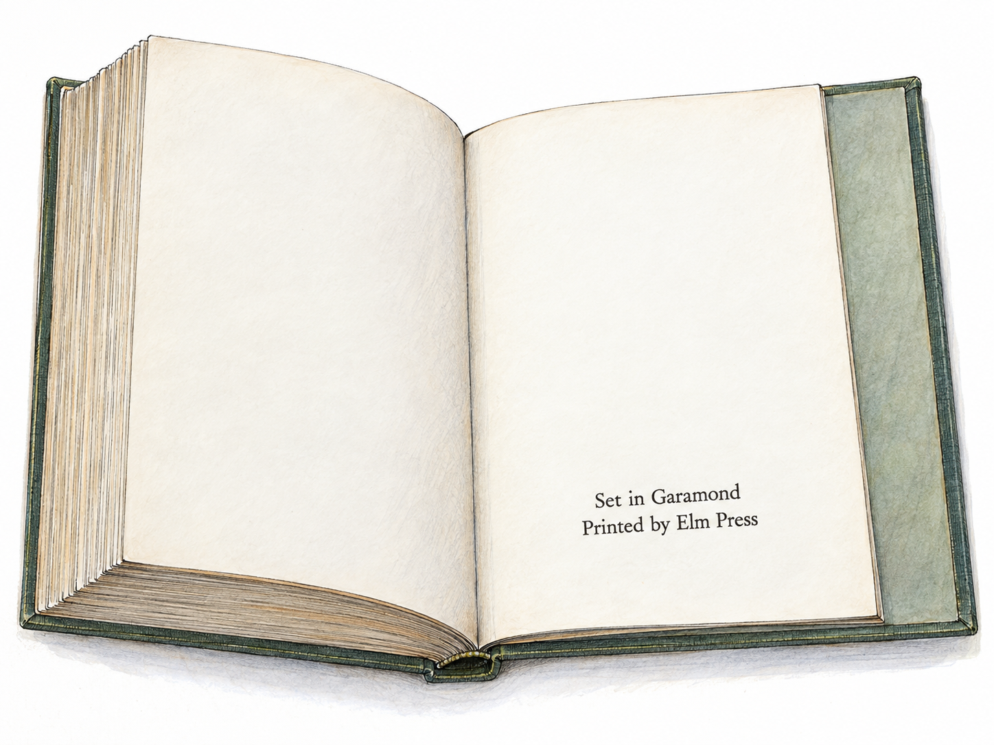 An open book at its final leaf, with a small, authentic production note identifying the typeface and printer.