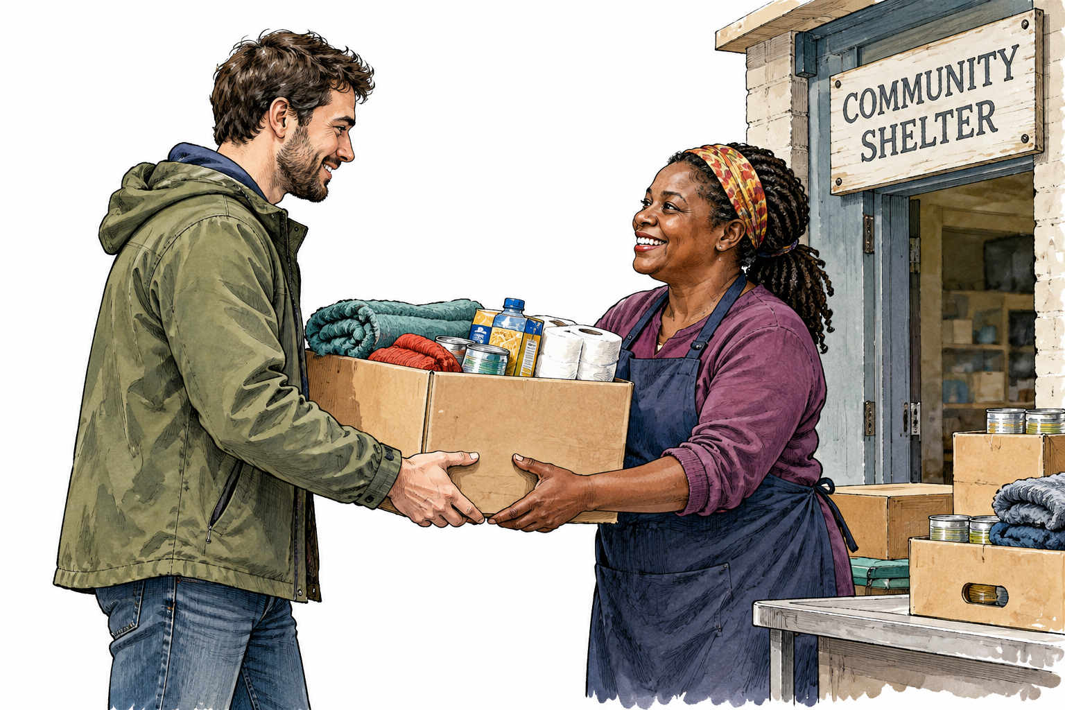 A person donates a box of useful supplies to a community shelter, giving to help others.