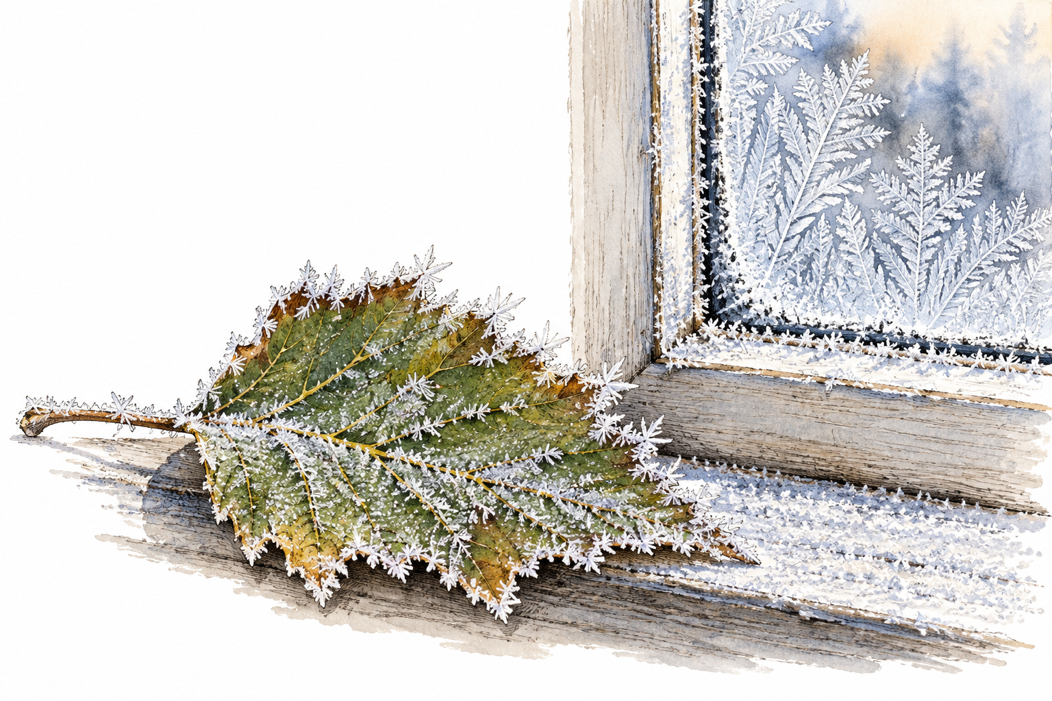 Close view of delicate thin frost crystals coating a fallen green leaf and a window edge.