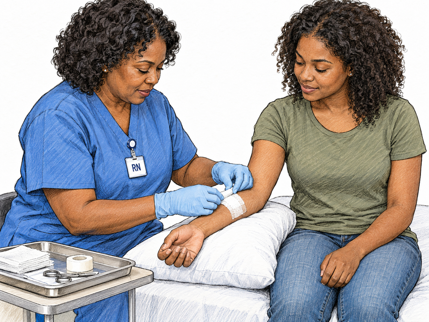 A nurse in scrubs gently dresses a patient's injured forearm beside a clinical bed.