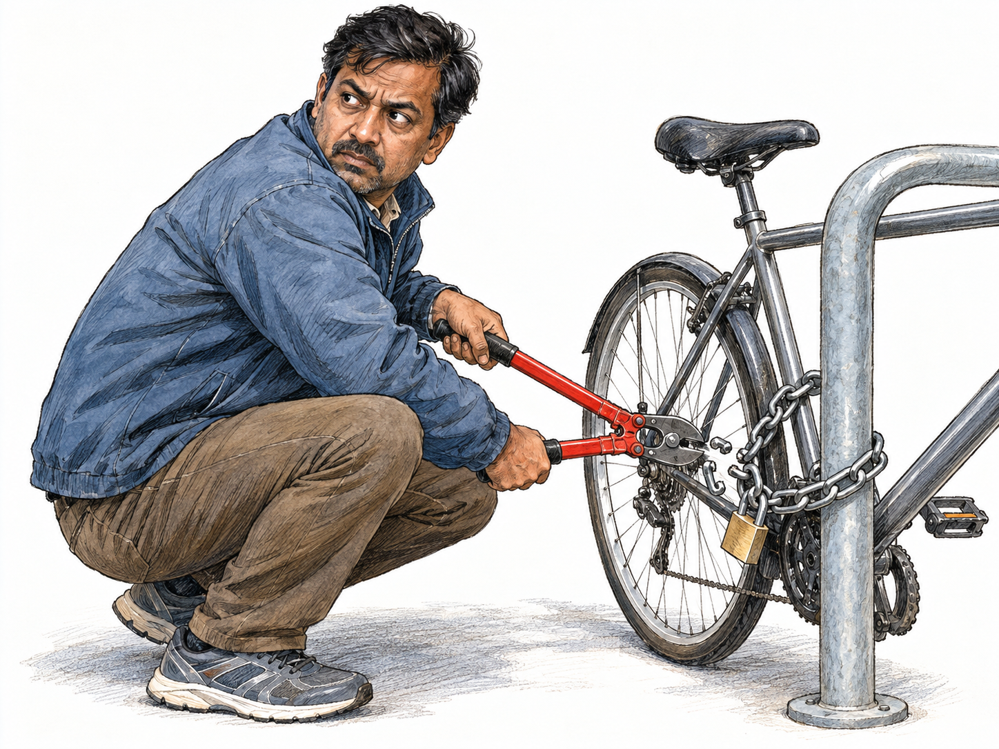 A man caught in the act of cutting a locked bicycle's security chain with bolt cutters, glancing furtively over his shoulder.