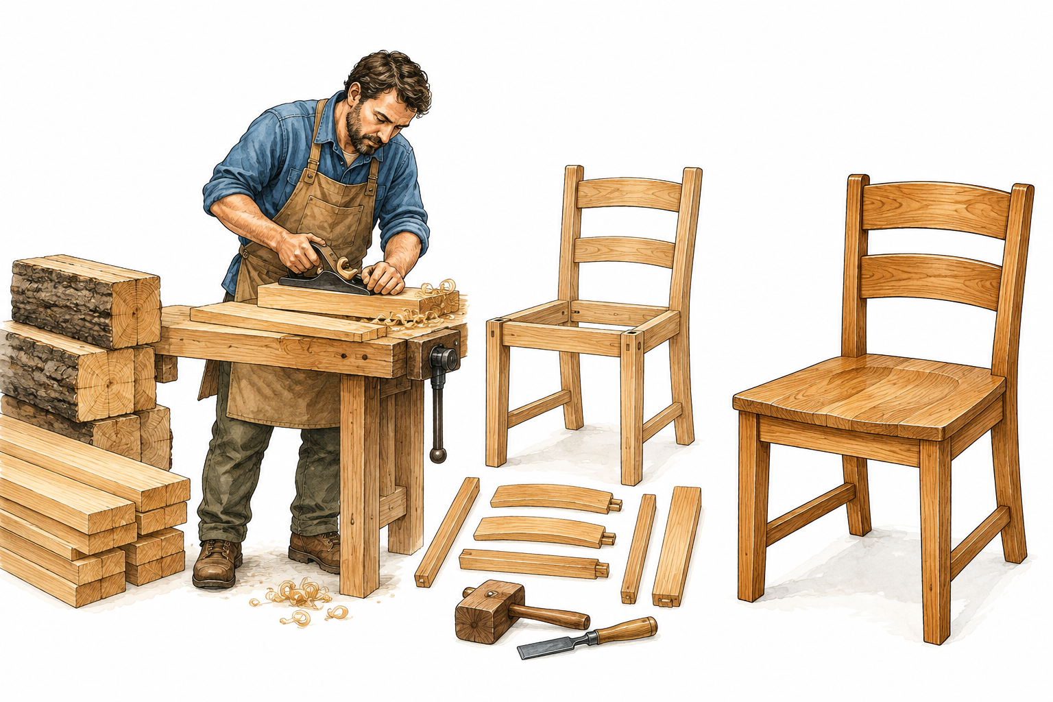 Close woodworker builds chair from timber, boards and finished matching wood grain show material.