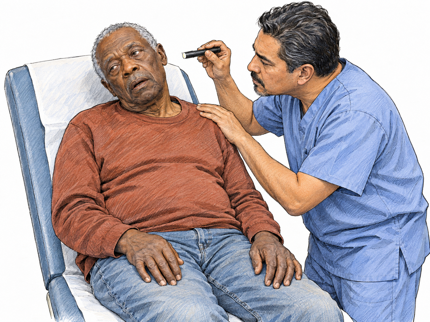 An older man sits heavily slumped against a raised clinical couch back, eyes partly open and vacant, jaw slack and hands limp.