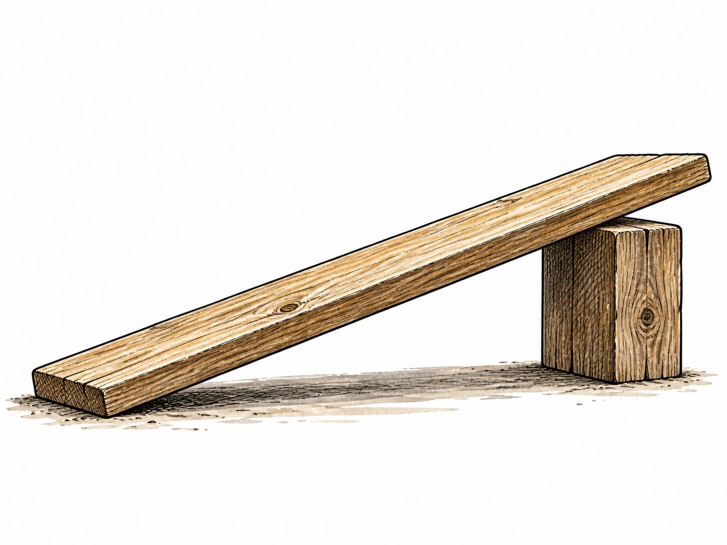 A simple plank inclines upward on a low support, with its slope clearly visible; no numerical angle or construction instructions.