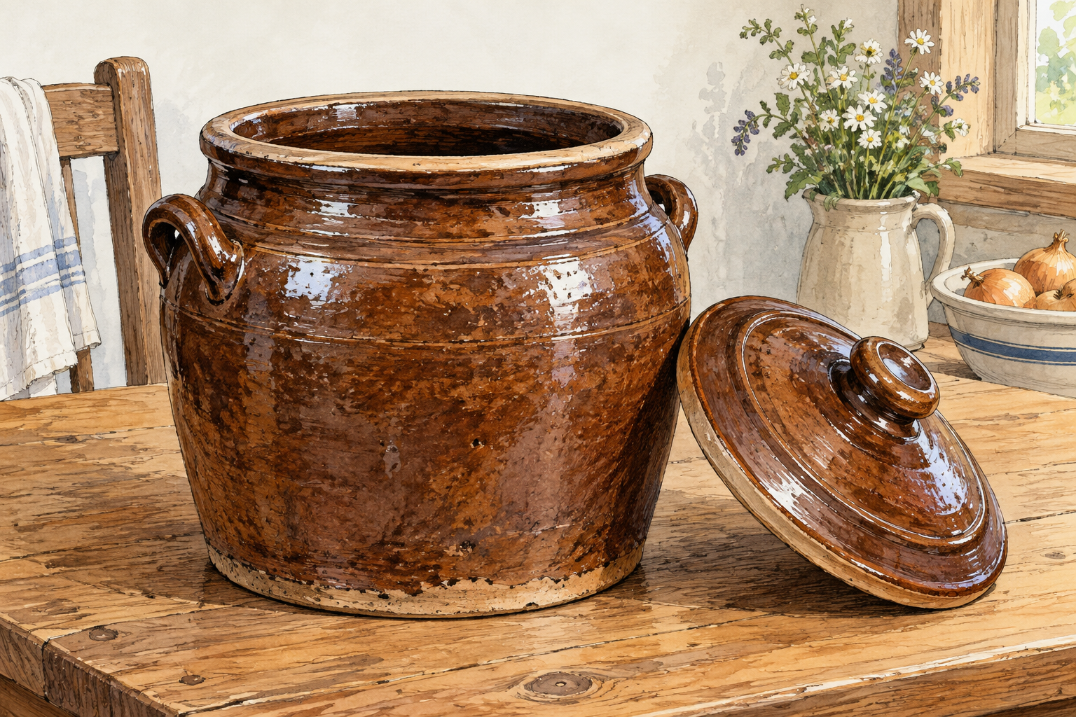 A heavy brown glazed earthenware crock with thick walls, broad mouth, sturdy rounded shoulders and small side lug handles, matching ceramic lid resting beside it on a plain wooden kitchen table.