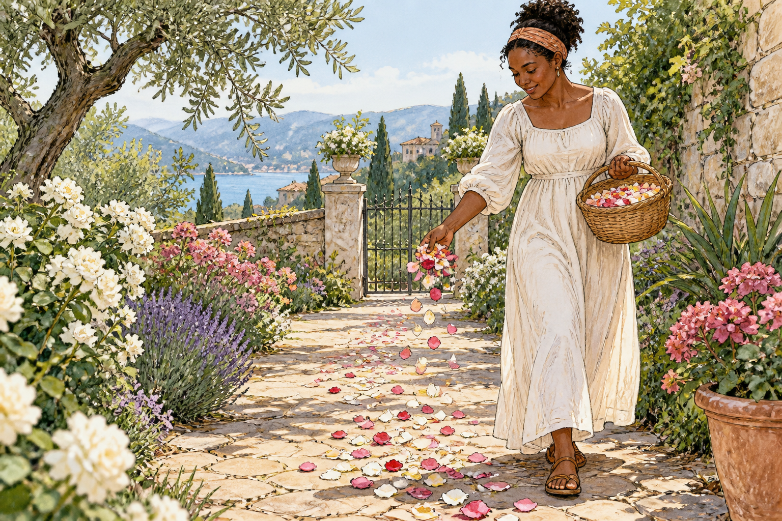 An adult scatters flower petals loosely across a garden path from a basket, petals irregularly distributed rather than arranged.