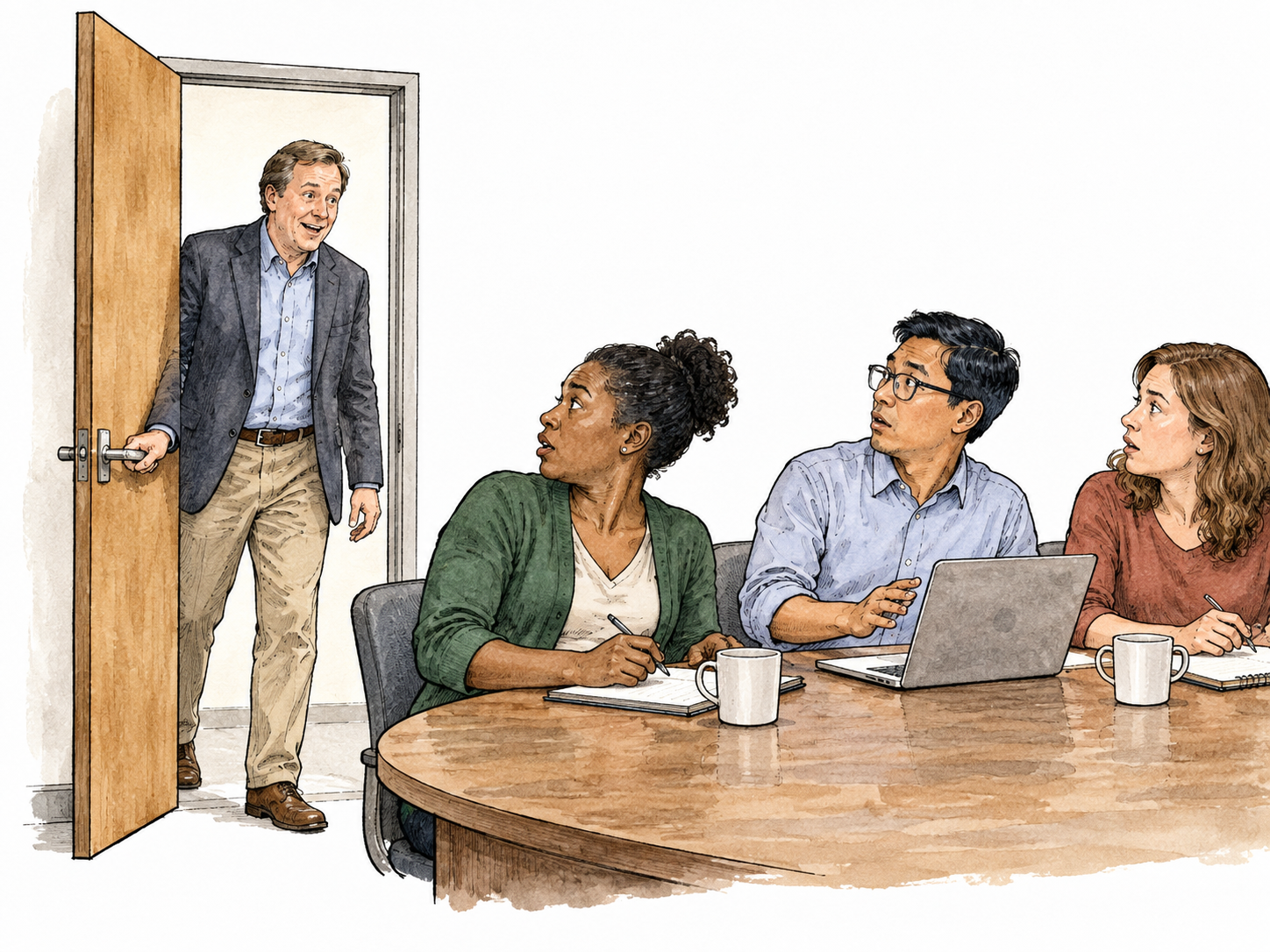 An uninvited white adult opens a door into a private meeting, occupants look surprised.