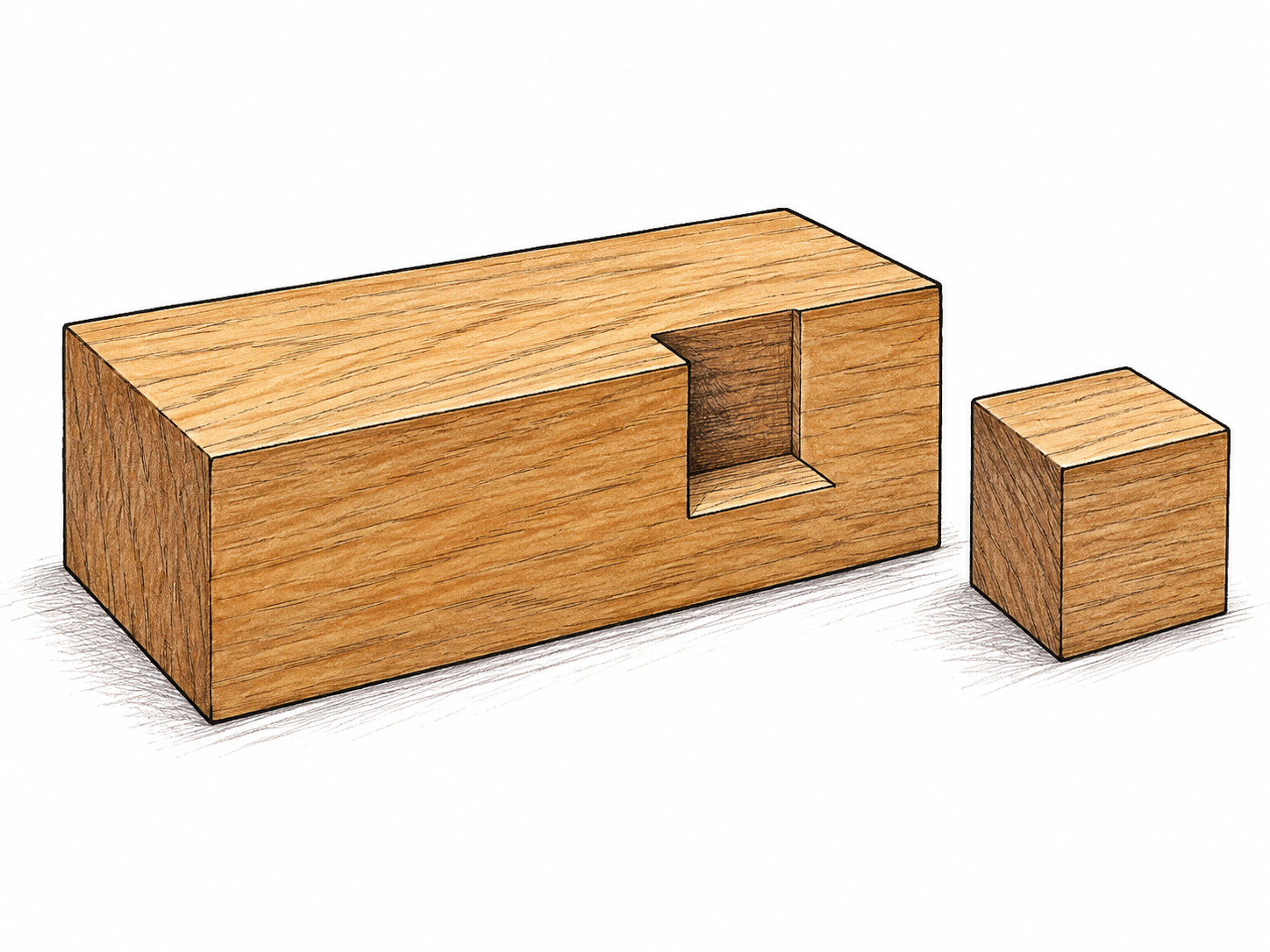 A simple wooden block has a clear inward rectangular notch cut from one edge, with the removed piece set beside it; inward recess visible.