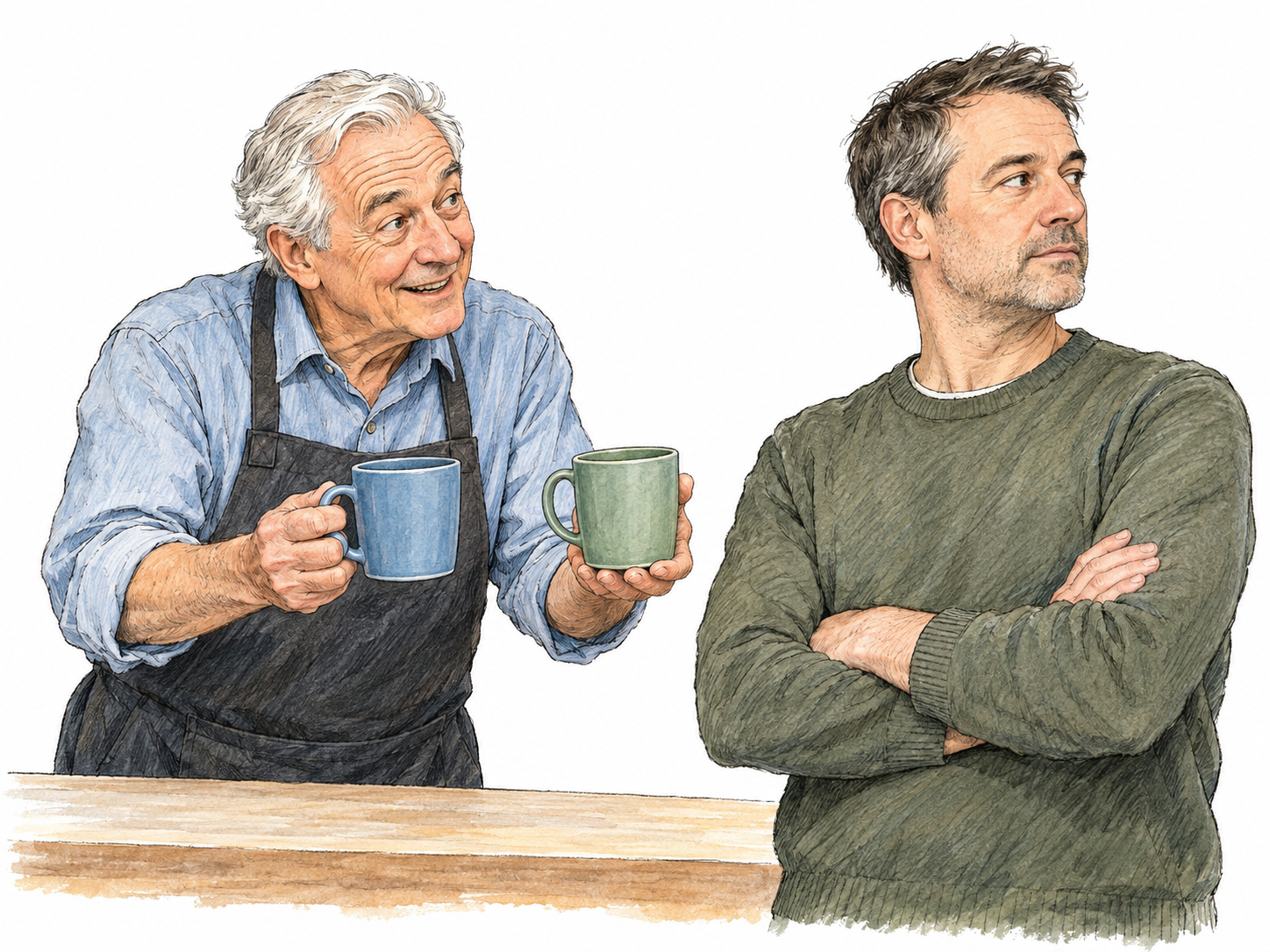 An enthusiastic shop assistant presents two ceramic mugs to a customer who barely attends to the demonstration.