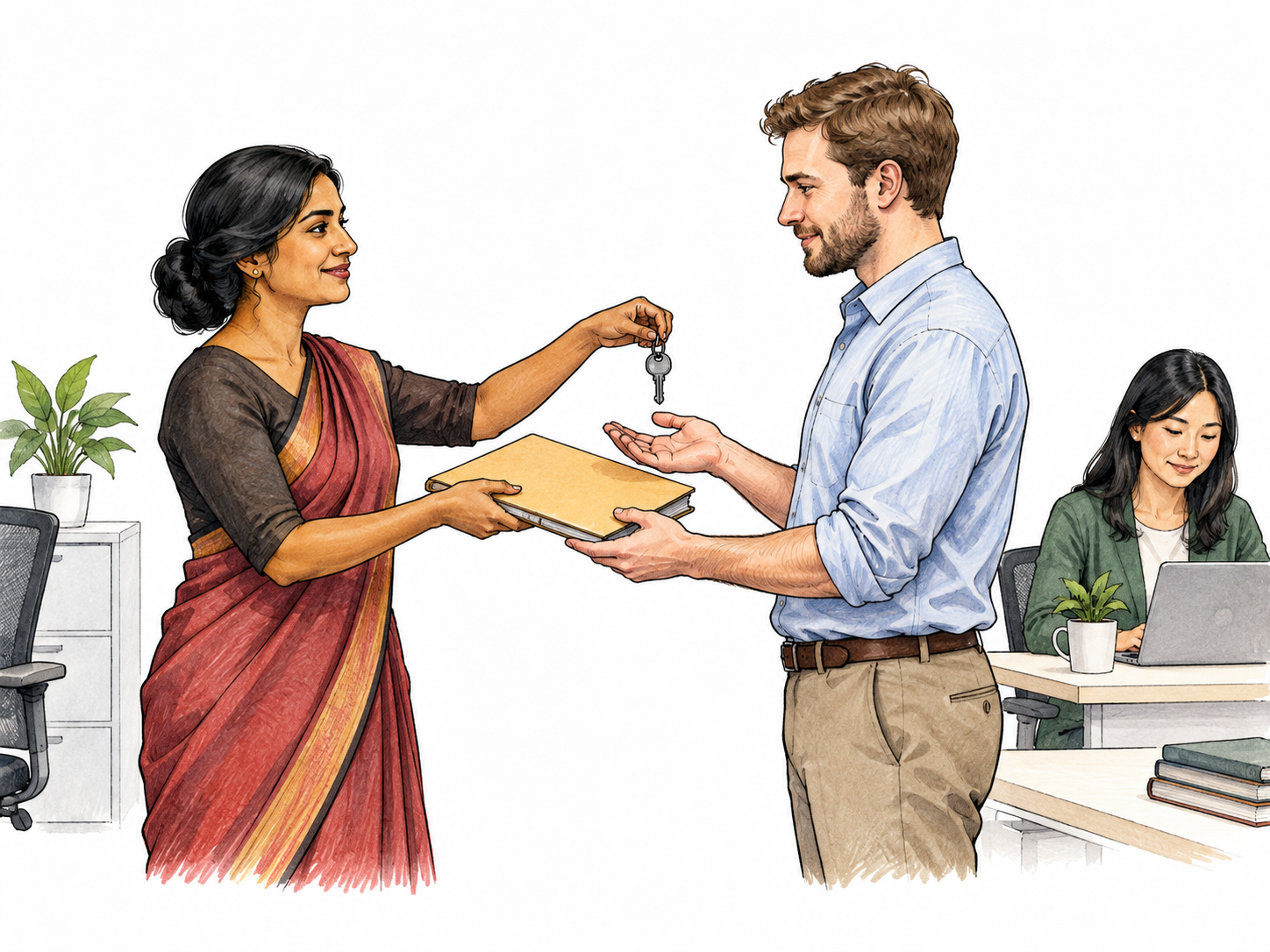 A team leader hands a project folder and office key to a colleague who takes responsibility while others return to work; blank folder, no documents text.