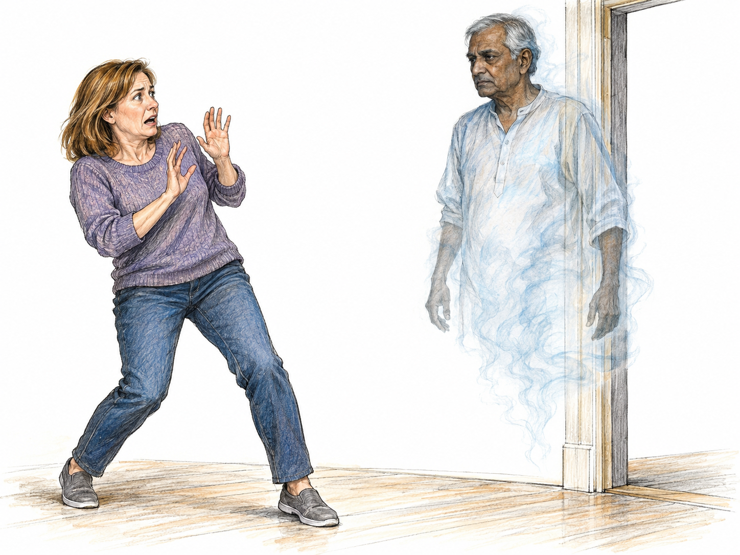 A frightened woman recoils from a translucent, human-shaped ghost hovering above the floor; the ghost's dissolving lower body and visible background through its torso distinguish it from a living intruder.