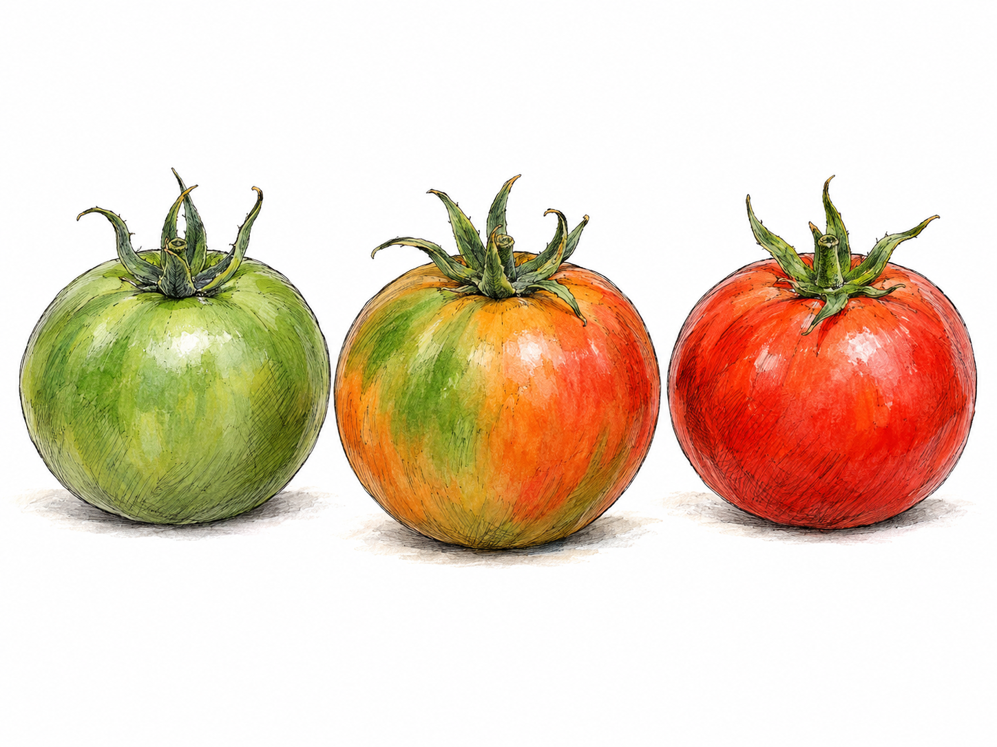 Three tomatoes arranged in a clear ripening sequence: green, partly orange with remaining green patches, and fully red.