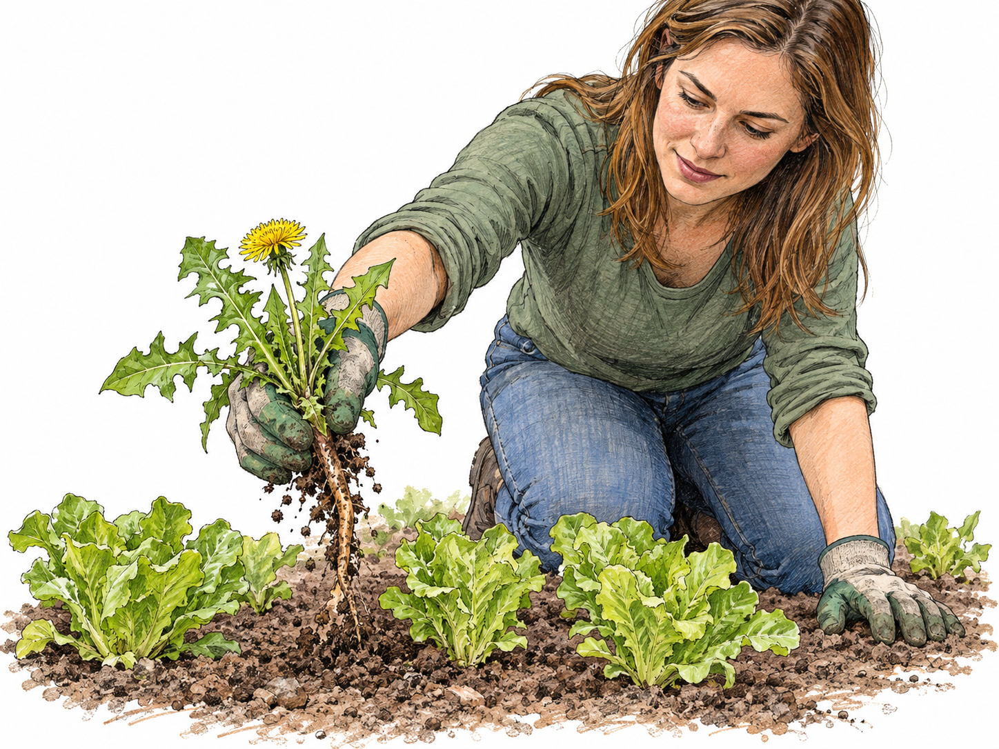 A gardener pulls a recognizable dandelion from between orderly young lettuce plants, making its unwanted presence in the cultivated bed visible.