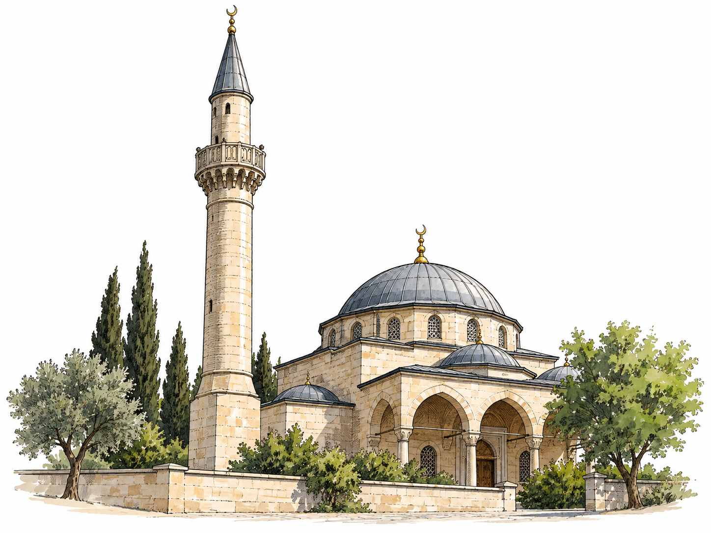Tall slender minaret beside mosque with balcony and domed roof.