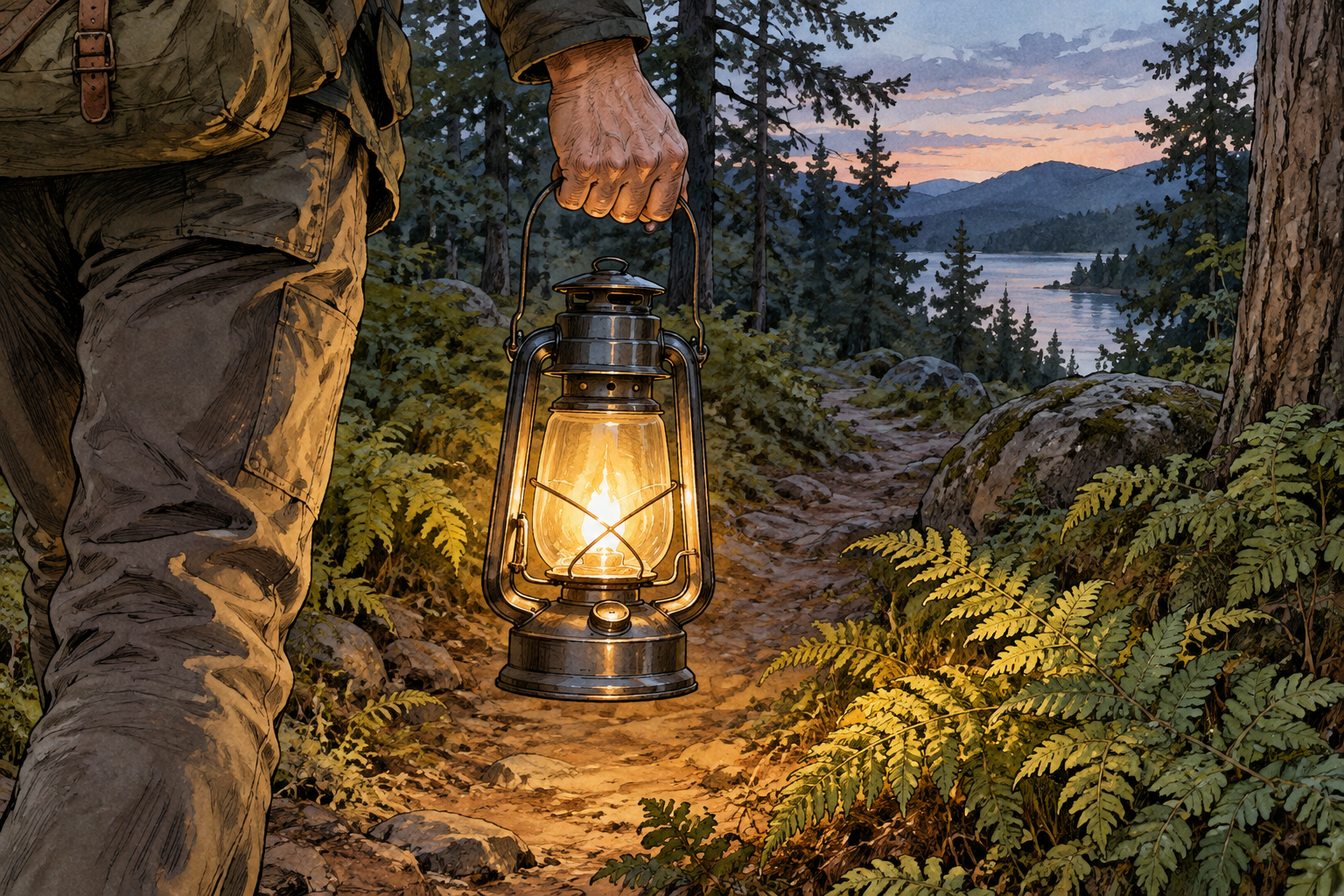 A camper's hand carries a sturdy portable metal-and-glass lantern by its top handle along a dim woodland path, warm light glows within its protective glass case and illuminates nearby ferns.
