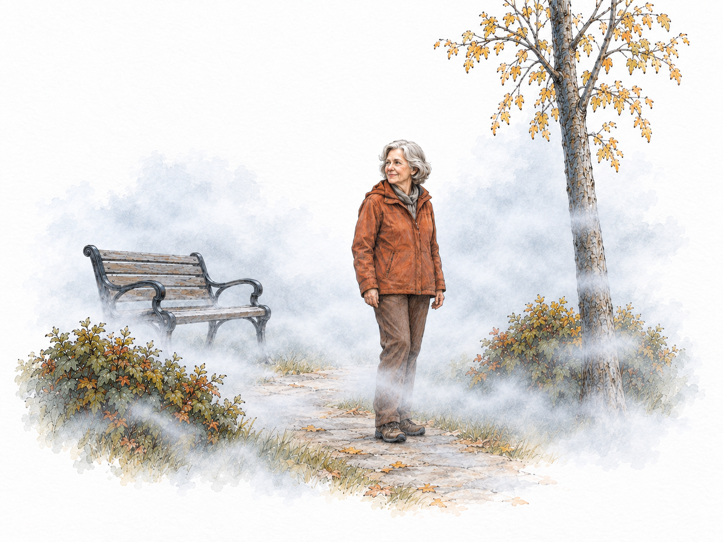 Make the surrounding environment itself visible: a small outdoor scene in which continuous ground-level mist envelops an older woman, a bench, nearby shrubs, and a tree at different depths.