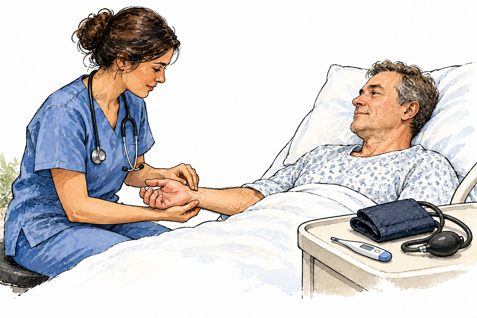 Nurse checks adult patient's pulse while thermometer and blood-pressure cuff nearby, basic body signs, no numbers or writing.