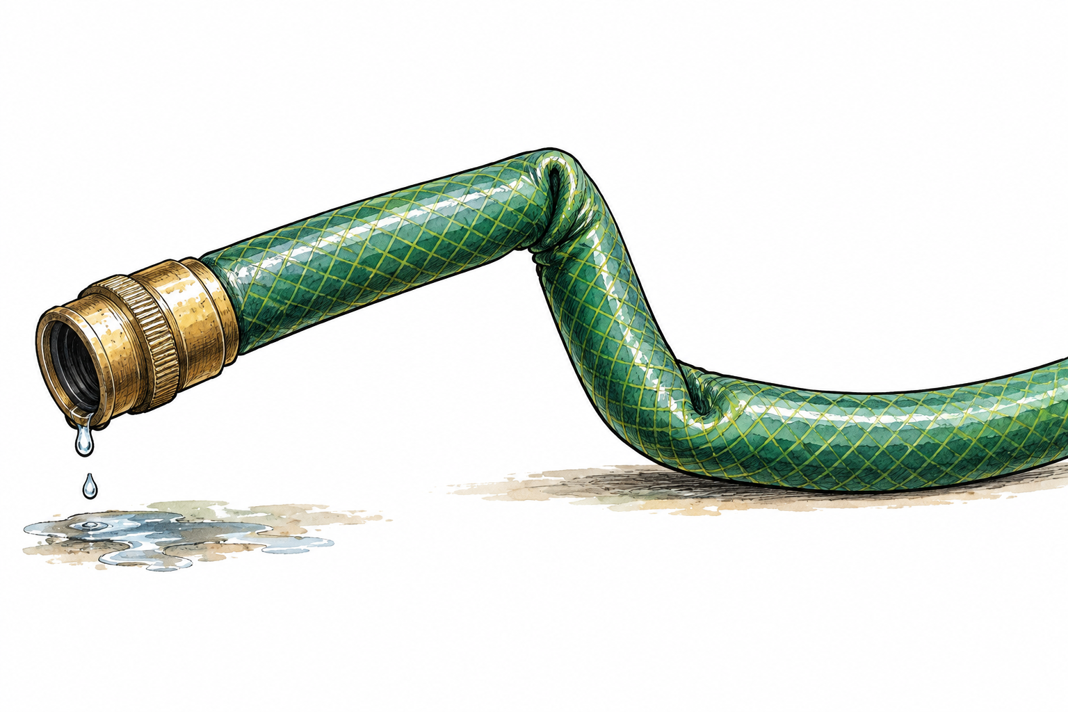A garden hose has one sharp kink that pinches its curve, isolated practical object.