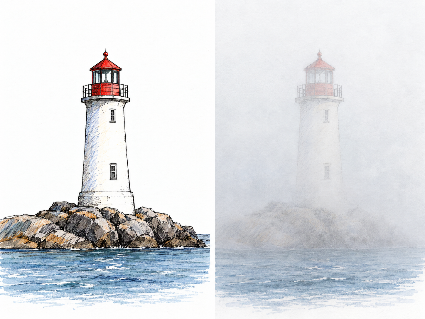 Two matched views of the same small lighthouse at the same distance: clearly visible in clear air on the left and barely discernible through dense fog on the right.