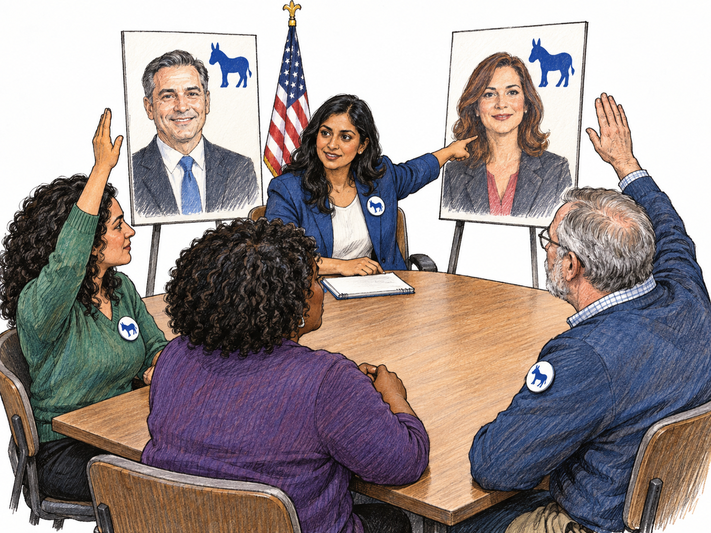 Political-party supporters hold a small face-to-face candidate-selection meeting.