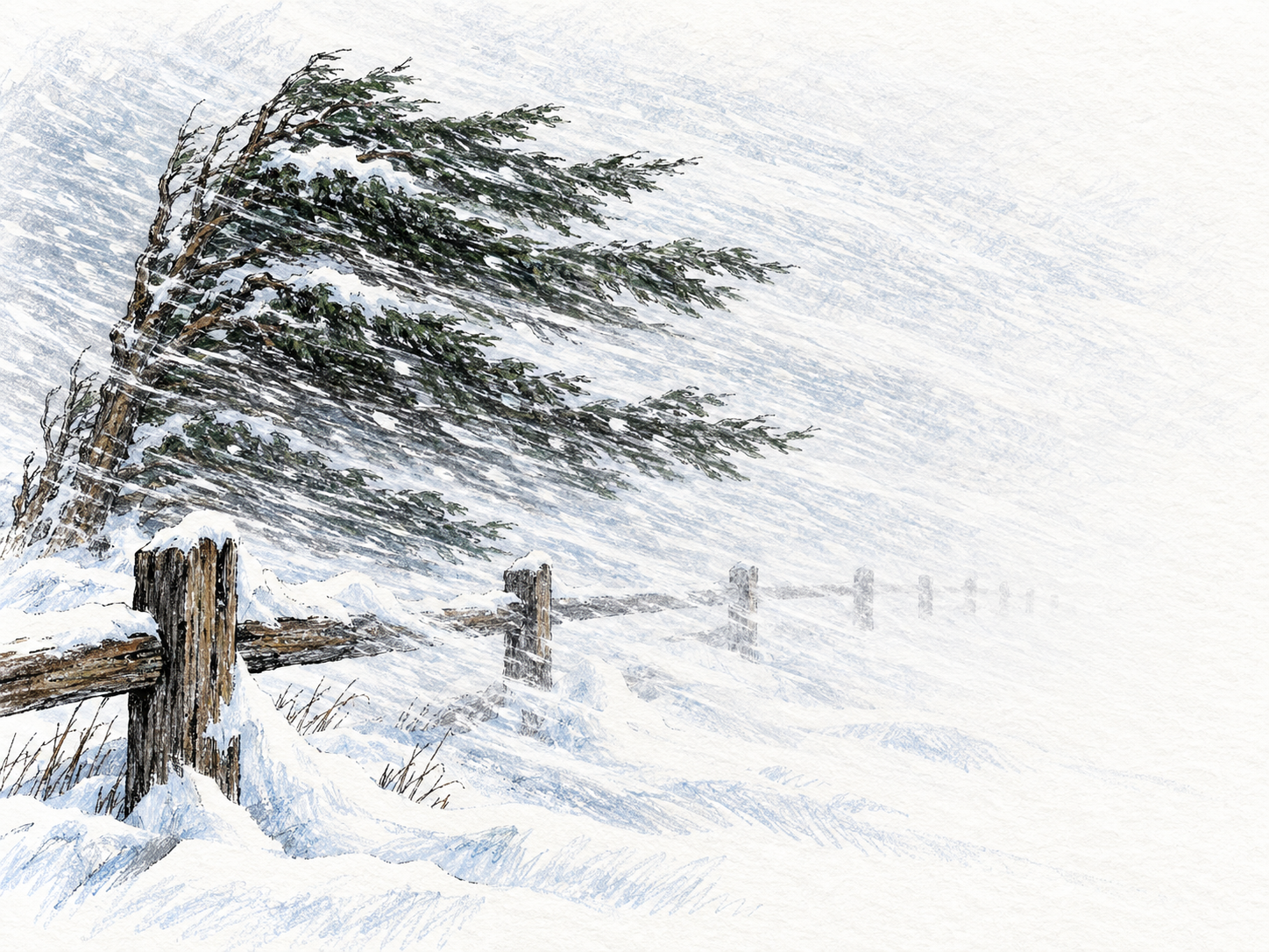 A fierce snowstorm drives dense snow almost horizontally across a short fence and wind-bent evergreen; the fence disappears into whiteout after only a few posts.