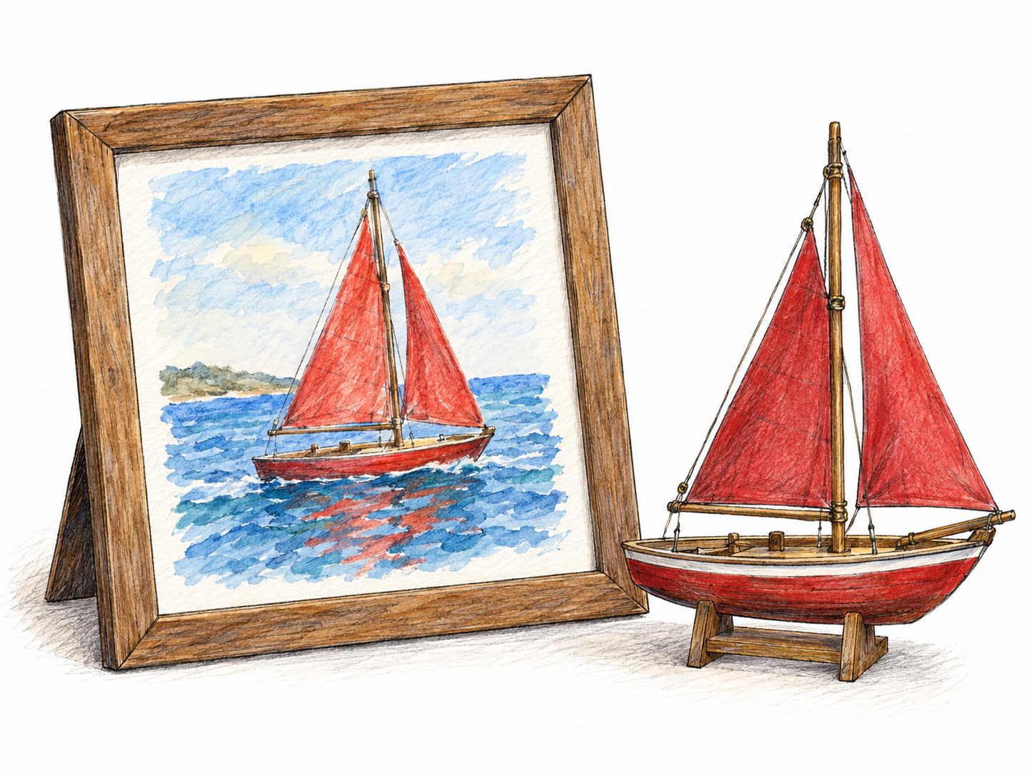 A framed hand-painted picture of a red sailboat on blue water, propped on a tabletop beside the small wooden model sailboat it represents.