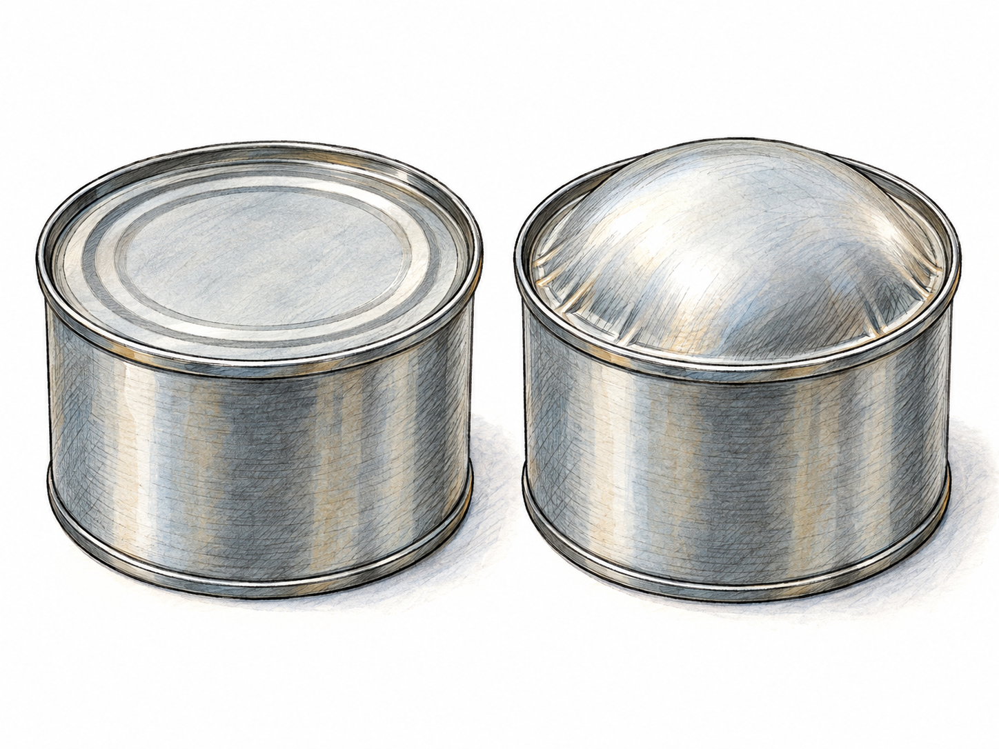 Two identical unlabelled food tins contrast a normal flat lid with a strongly gas-bloated lid.