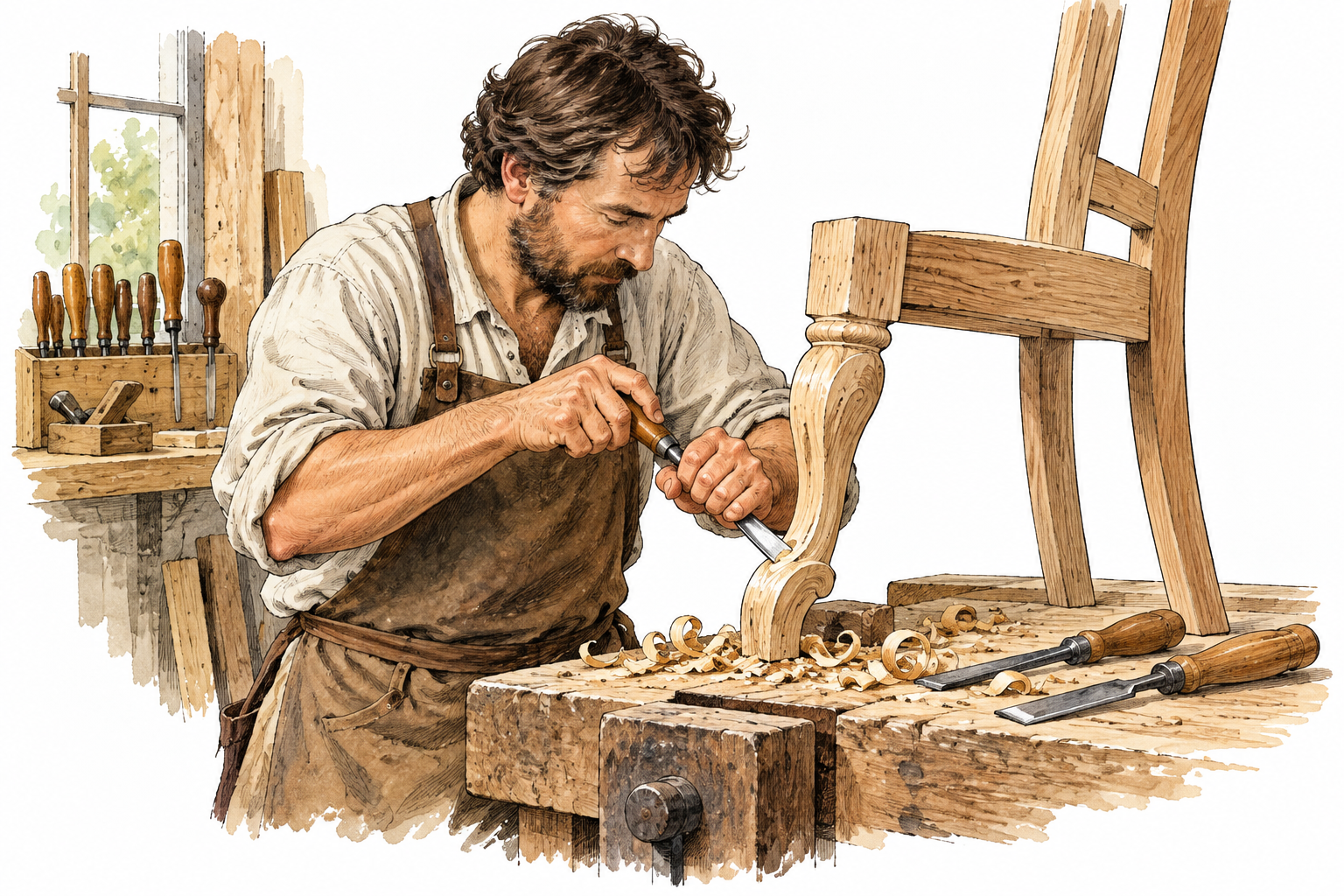 A skilled woodworker carefully hand-carves a chair leg using a chisel in a workshop, wood shavings and precise craft.