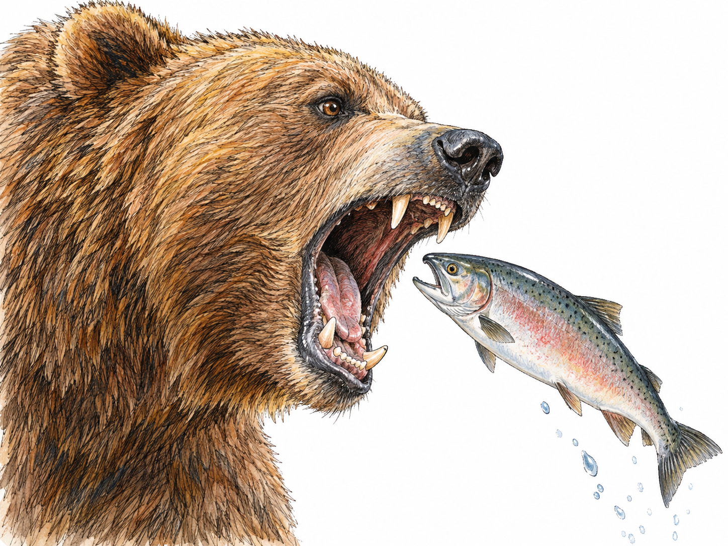 A close view of a brown bear snapping up a salmon, with its open jaws and dark throat dominating the composition and the fish just outside its teeth.