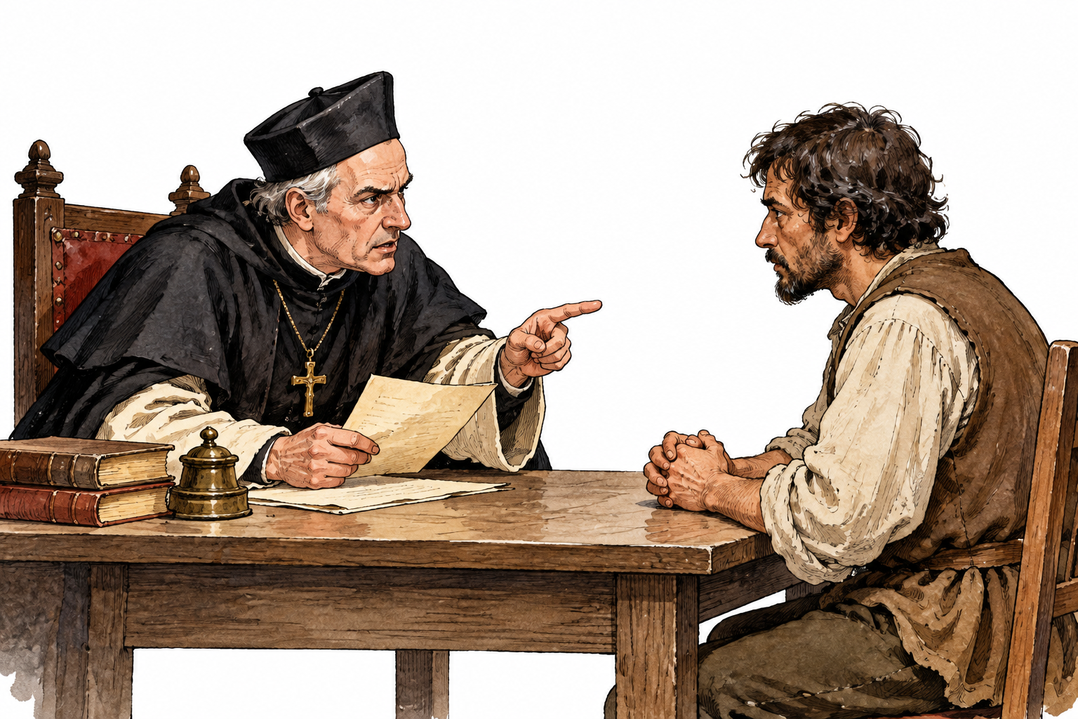 A stern official questions an adult across a plain table, harsh interrogative posture without violence.