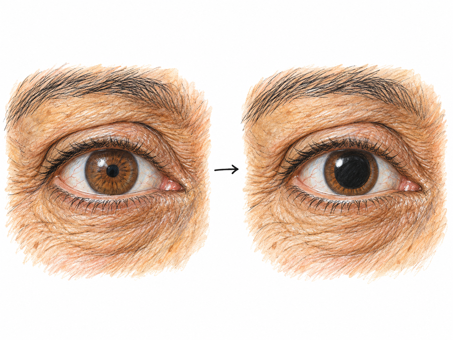 Two matched close-up views of the same eye show its pupil dilating from a small opening to a much wider opening, while the iris and eye remain the same size.