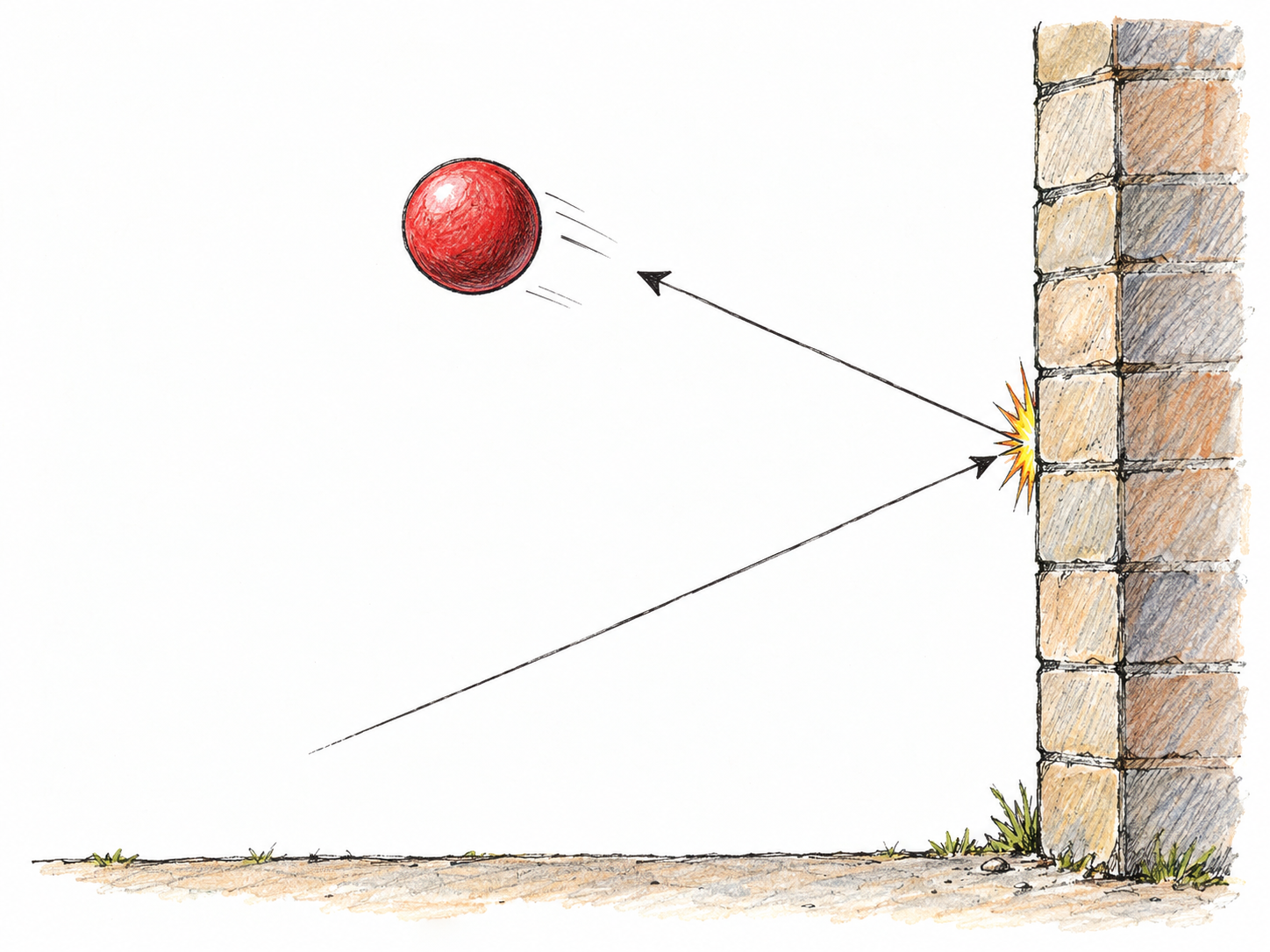 A rubber ball rebounds from a solid wall: a compact incoming motion trail reaches a clear impact point, and an outgoing arrow leads back away from the wall to the airborne ball.