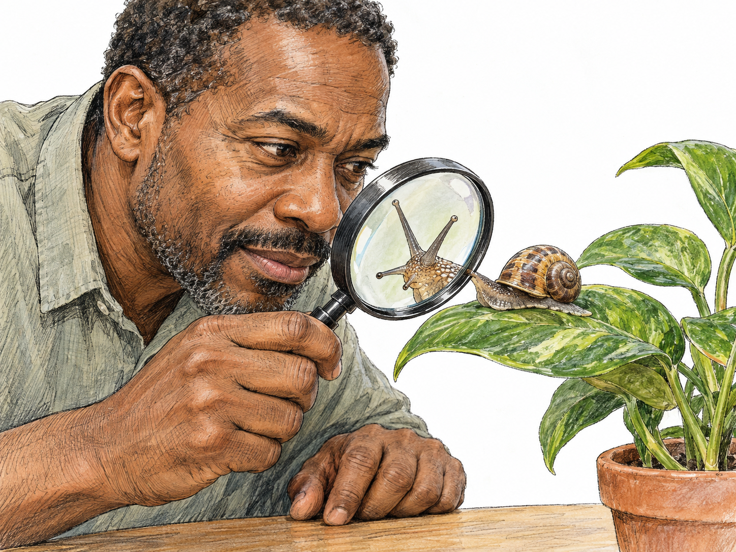 A man closely watches a snail crawling along a leaf, using a magnifying glass to examine its extended tentacles.