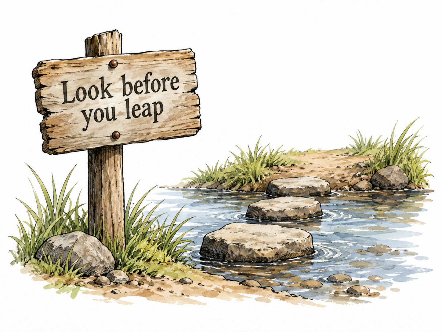 A simple wooden plaque reads Look before you leap, beside a small safe stepping-stone crossing.