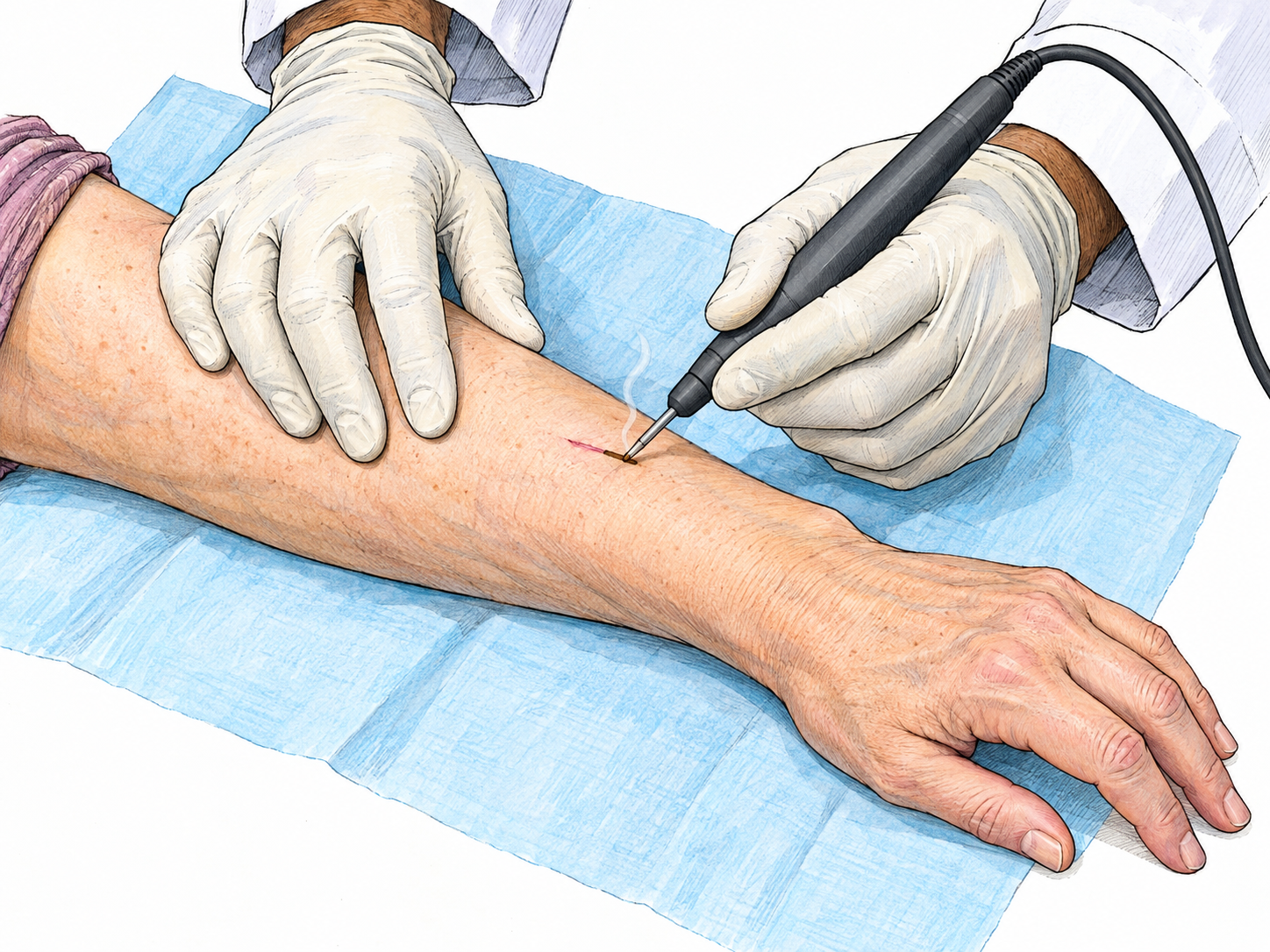 A tight overhead clinical view centers the act of thermal wound closure: a blunt cautery tip contacts one end of a small superficial cut, leaving a dry sealed brown segment behind it while a faint localized wisp rises.