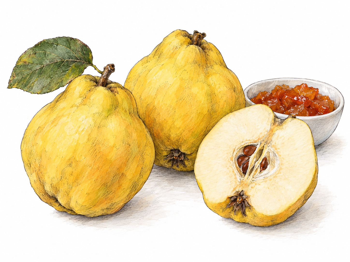 A botanical kitchen still life of ripe yellow quinces, one cut open to reveal firm pale flesh and its seed core, beside a small dish of quince preserve.