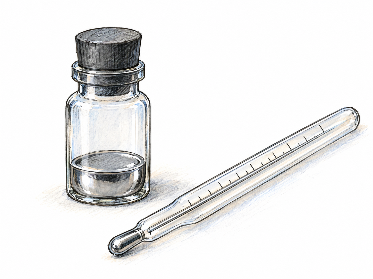 A sealed clear glass sample vial containing a shallow pool of silvery liquid mercury, beside an intact traditional mercury-in-glass thermometer whose silver bulb and narrow metallic column are clearly visible.