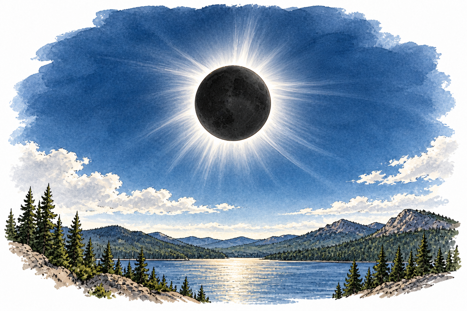 A total solar eclipse with dark solar disk surrounded by a luminous white corona, scientifically recognizable sky phenomenon.