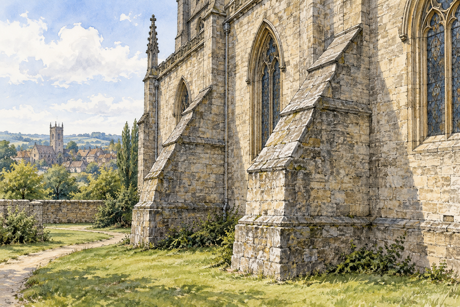 Stone buttress projects outward against tall medieval church wall, structural support clearly visible at base and side, no labels.