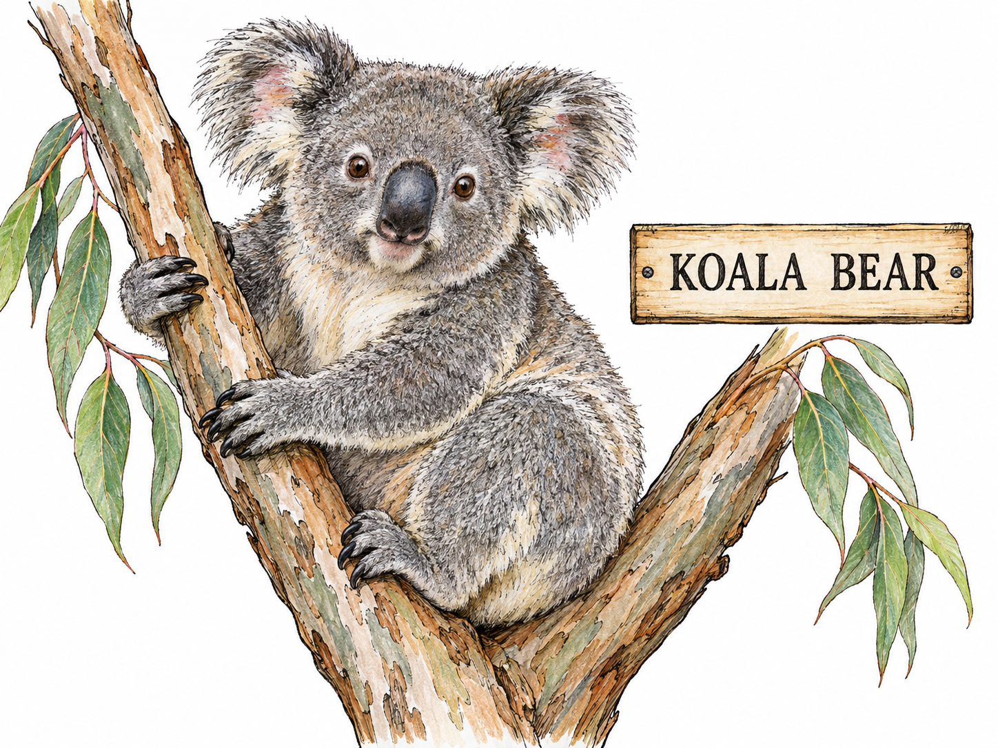 A recognizable koala perched on a eucalyptus branch beside a small identification plaque reading “KOALA BEAR.” The familiar but taxonomically misleading name supplies the misnomer; the animal is plainly a koala, not a bear.