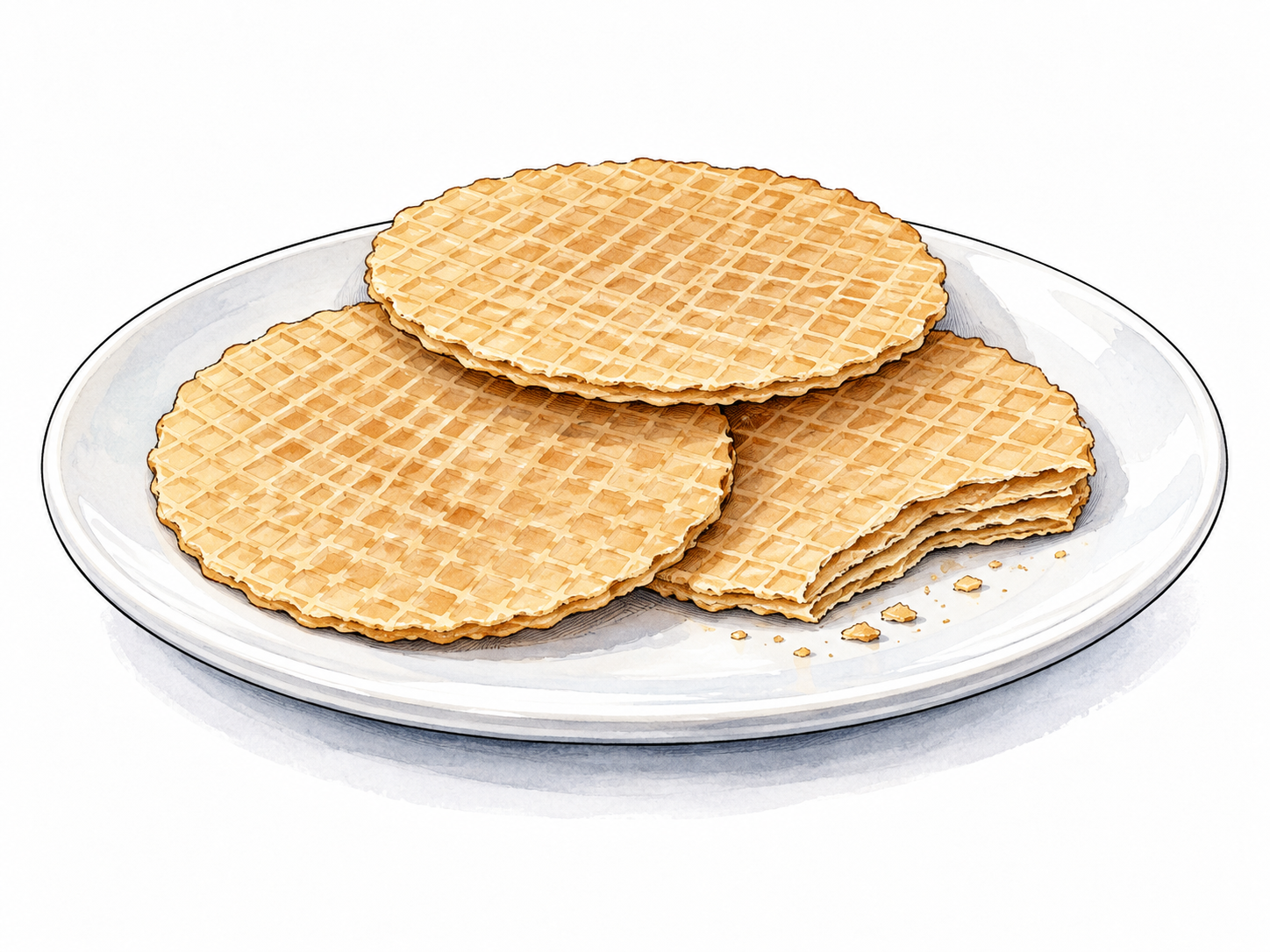 Three very thin crisp unfilled wafer biscuits on a white plate, one broken edge reveals delicate crisp layers, no packaging or text.